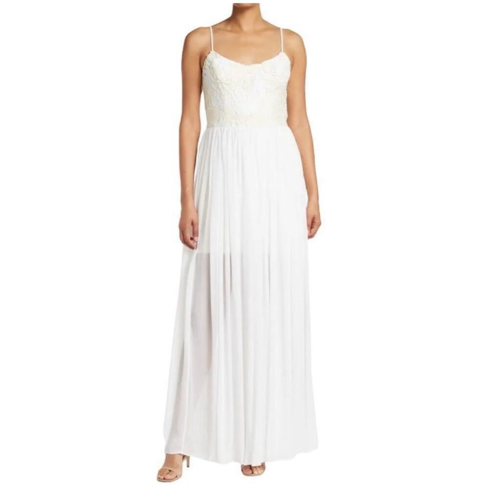 Dress The Population Asha Lace and Chiffon Maxi Dress in White and Ivory, Size S